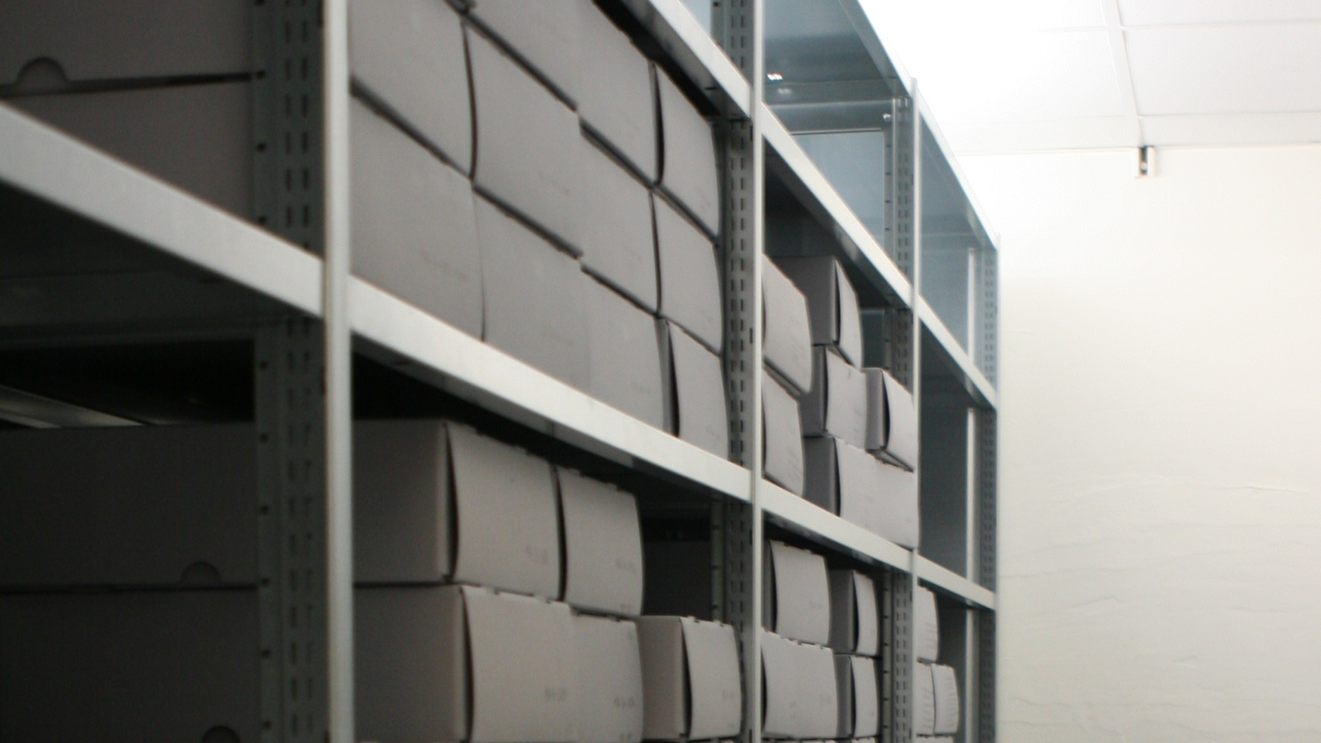 Archivkartons in einem Archivschrank